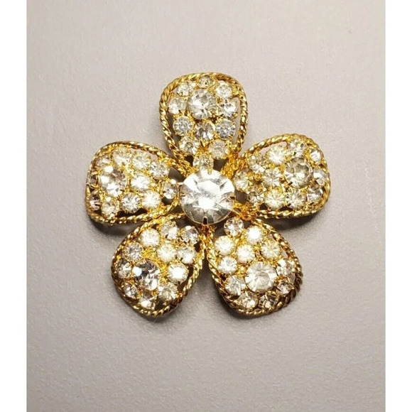 Unbranded Jewelry - VTG Gold Tone Brooch Clear Rhinestone 2" FLOWER Brooch Pin